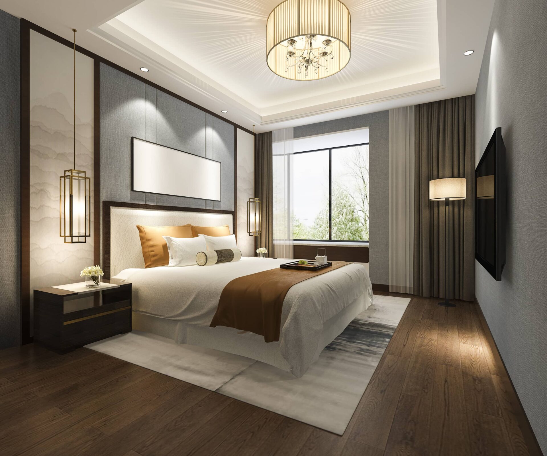 moderne Hotelzimmereinrichtungen mit großem Bett, zwei Nachttischen und Designerlampen