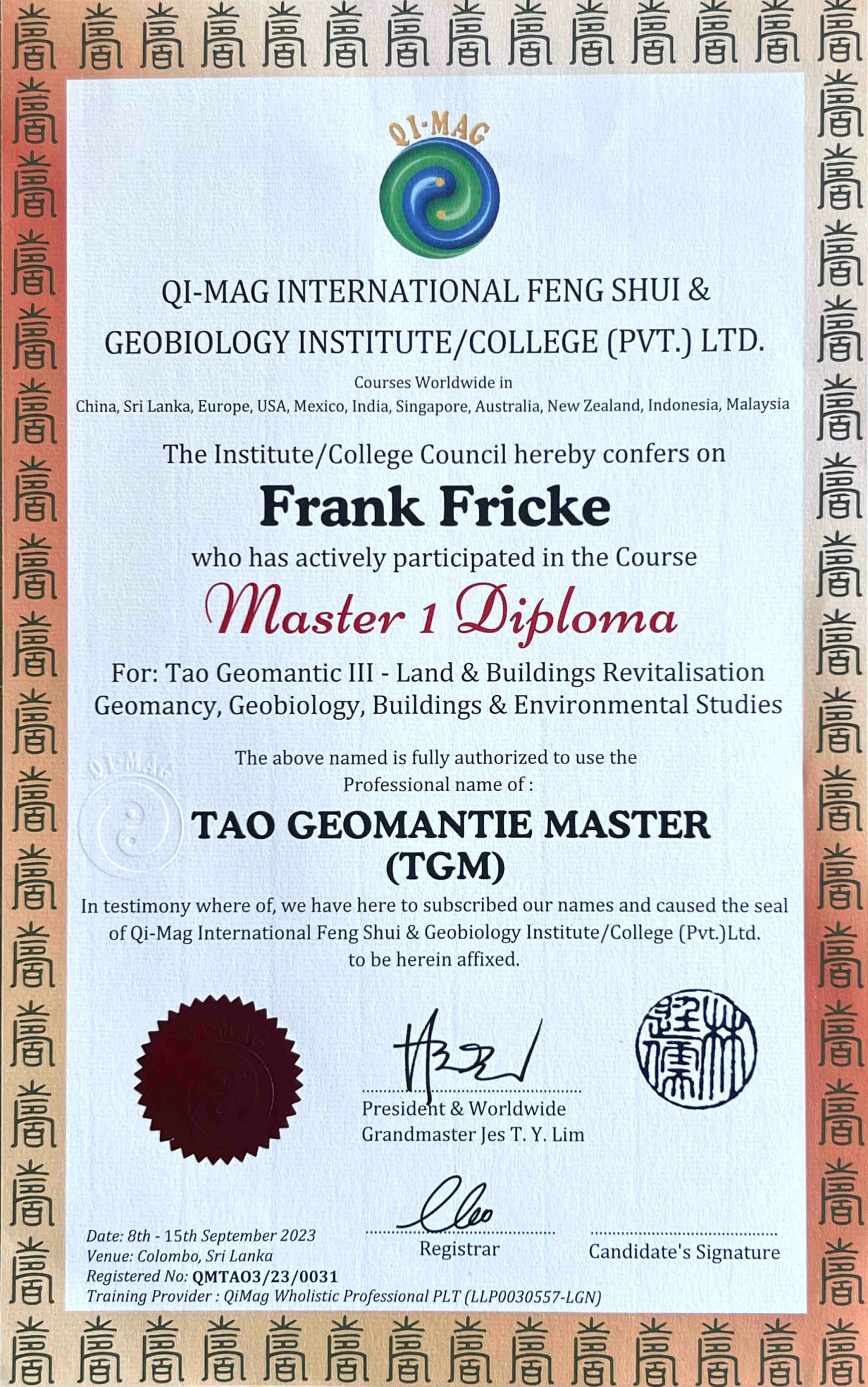 Tao Geomantie Master (TGM) Zertifizierung von Frank Fricke